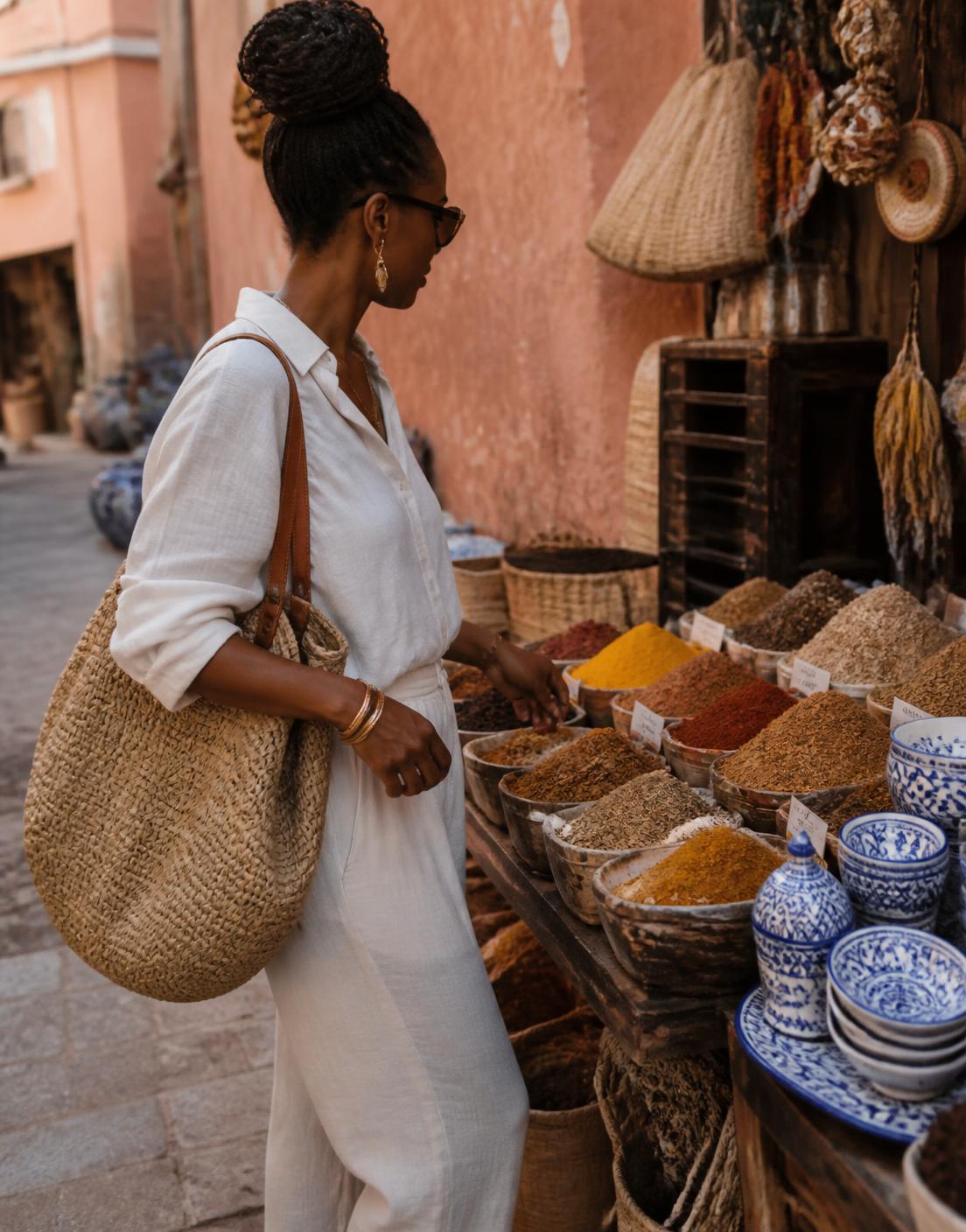 A traveller in linen browsing a sunlit market stall of spices and hand-painted ceramics
